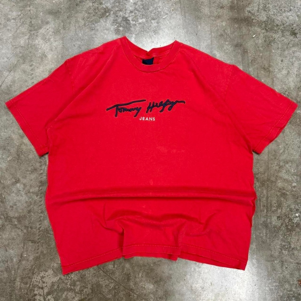 Vintage Tommy Hilfiger Jeans Red Embroidered Script Logo T-Shirt Mens Large Y2K